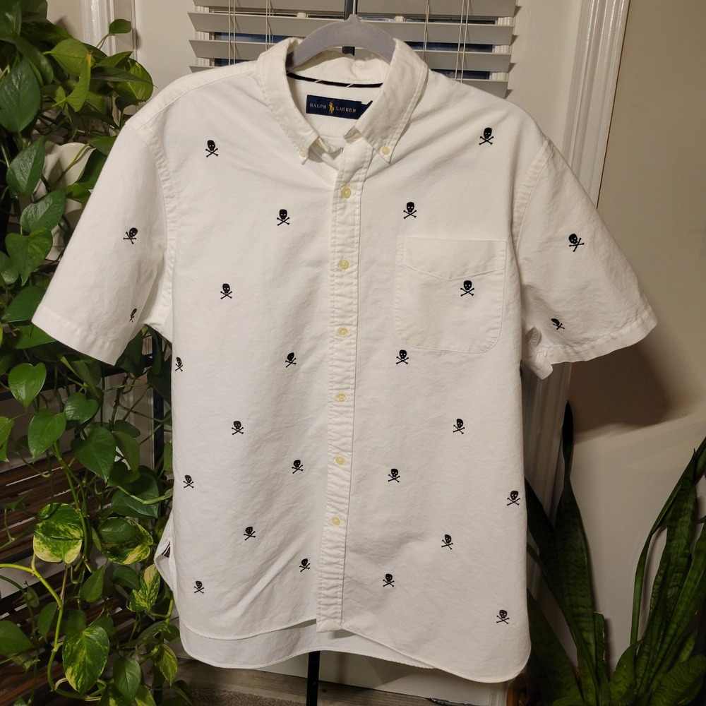 Ralph Lauren Mens XL White Oxford Shirt Skull Crossbone Short Sleeve Button Down